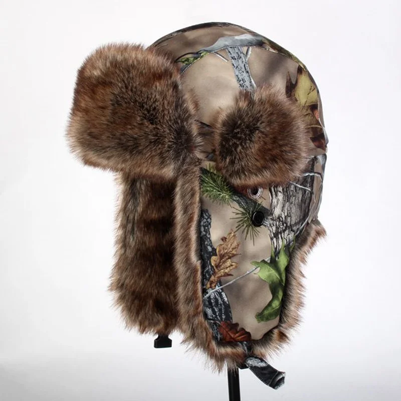 Bionic Camouflage Winter Warm Artificial Fur Cotton Hat Outdoor Camping Hunting Riding Skiing Windproof Thermal Hiking Sport Cap