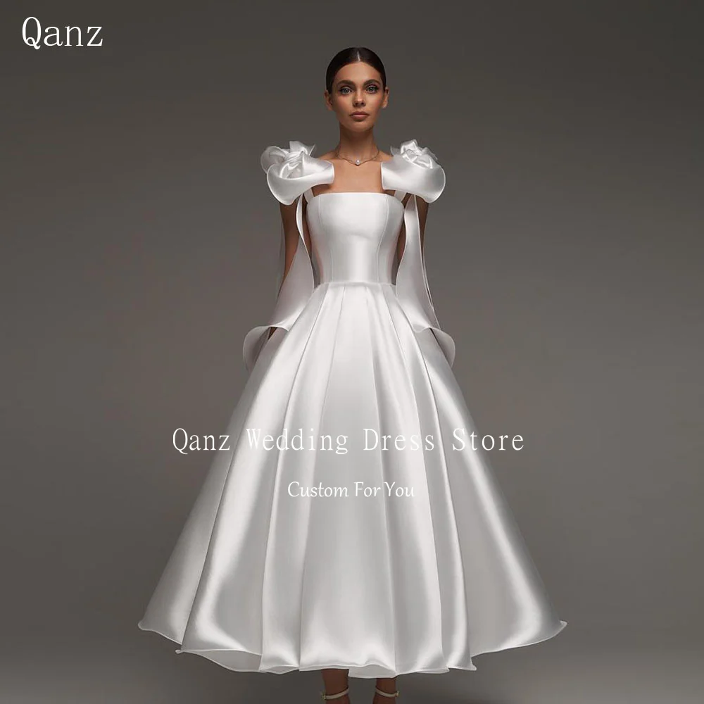 

Qanz White High Quality Wedding Dress Bow Straps Long A Line Backless Vestido De Novia Boda Women Bridal Gowns Customized