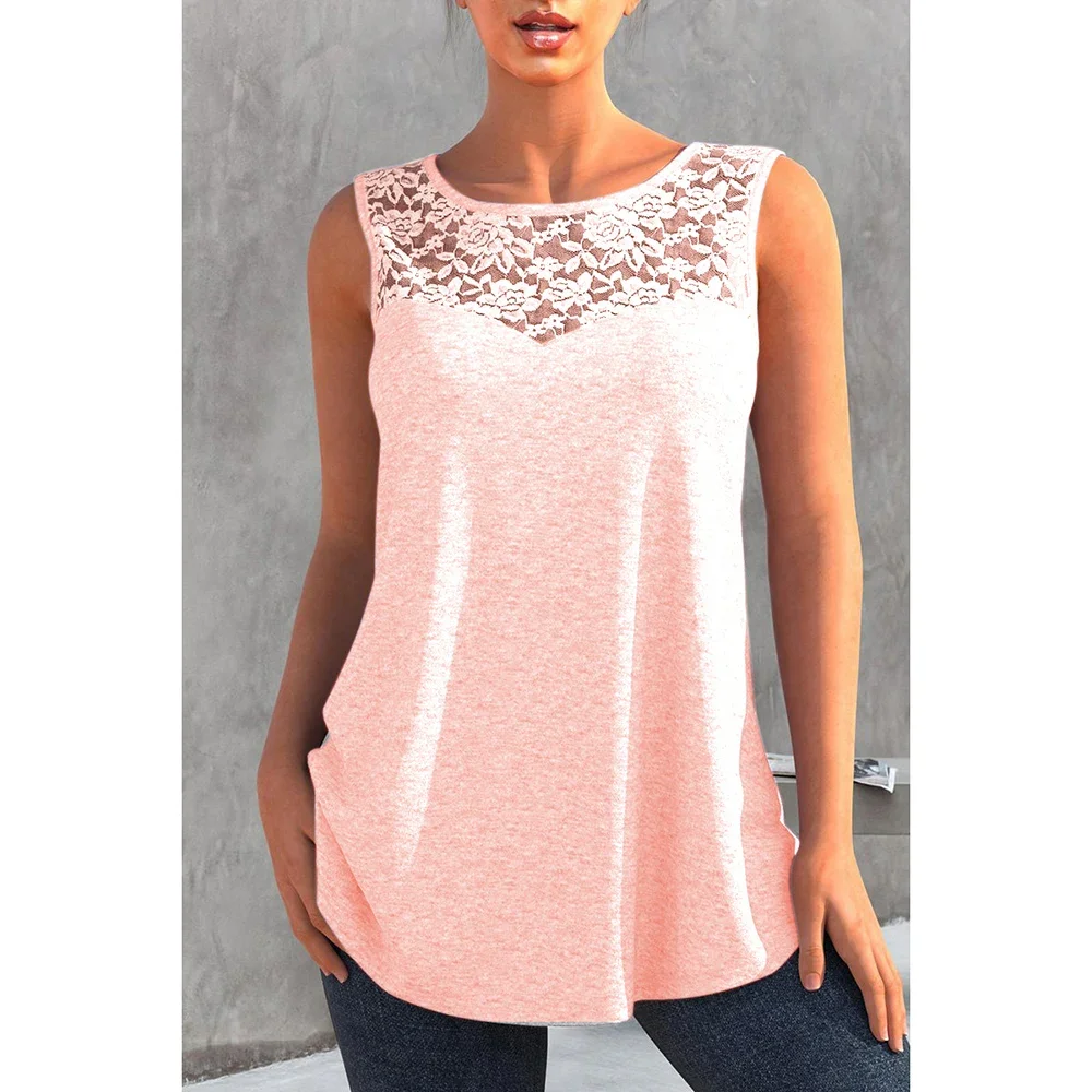 Plus Size Pink Solid Lace Stitching Keyhole Back Sleeveless Tank Top