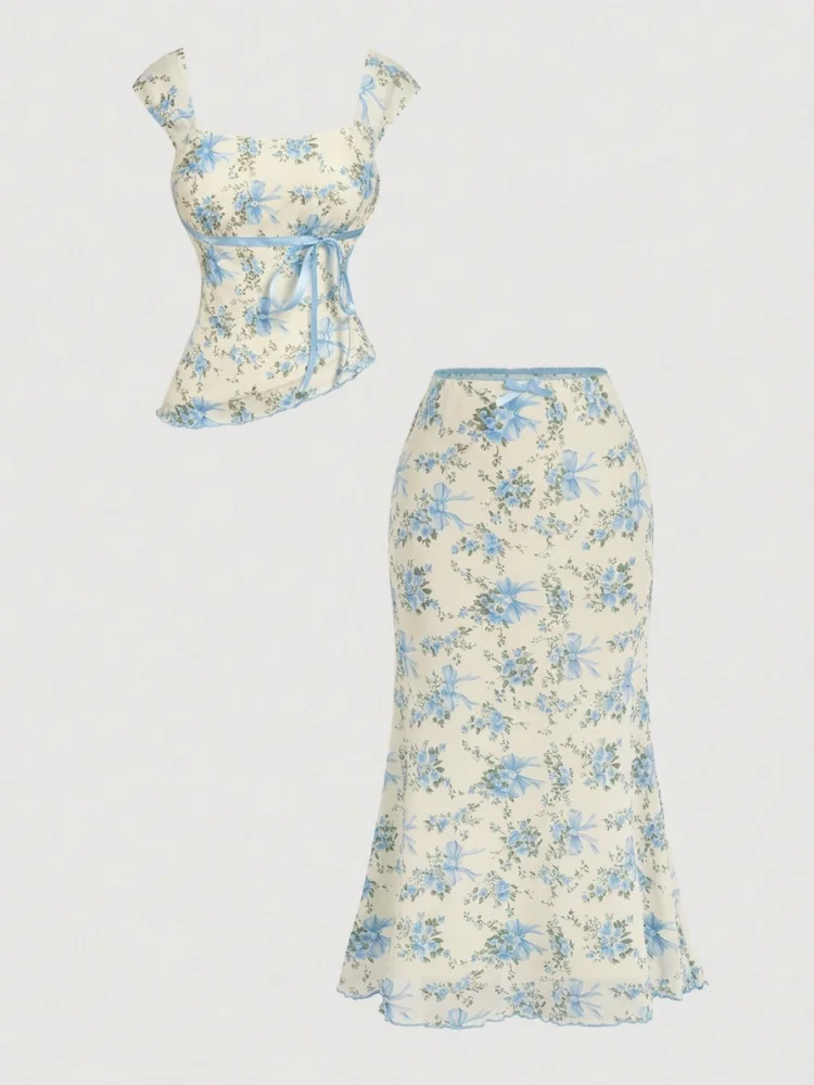 French Vintage Floral Skirt Set Women Romantic Cottagecore 2 Piece Matching Set Square Neck Top & Mermaid Midi Skirt Summer Outfit