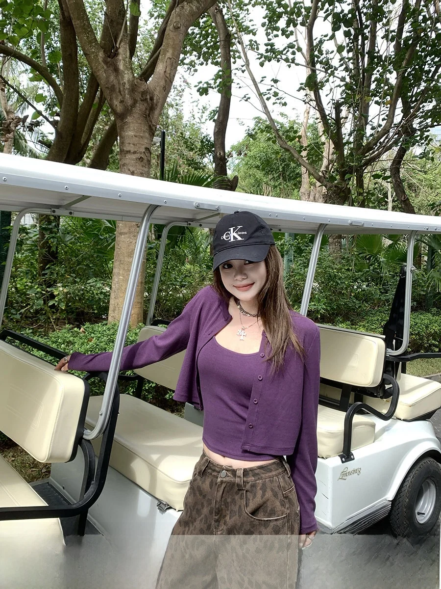 

Violet Coast Purple Strap Cardigan Women's Faionable Two-Piece Set Sweet Sle Knitted Long Sve f High round Ne