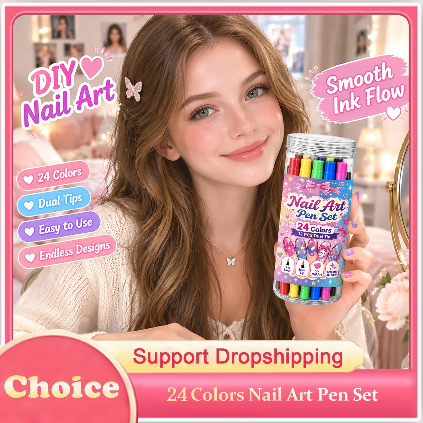 24Colors Nail Art Pen Set Fine Liner Brush Tip Smooth Double Headed Lasting Waterproof Diy Manicure Drawing Nail Painting Pen