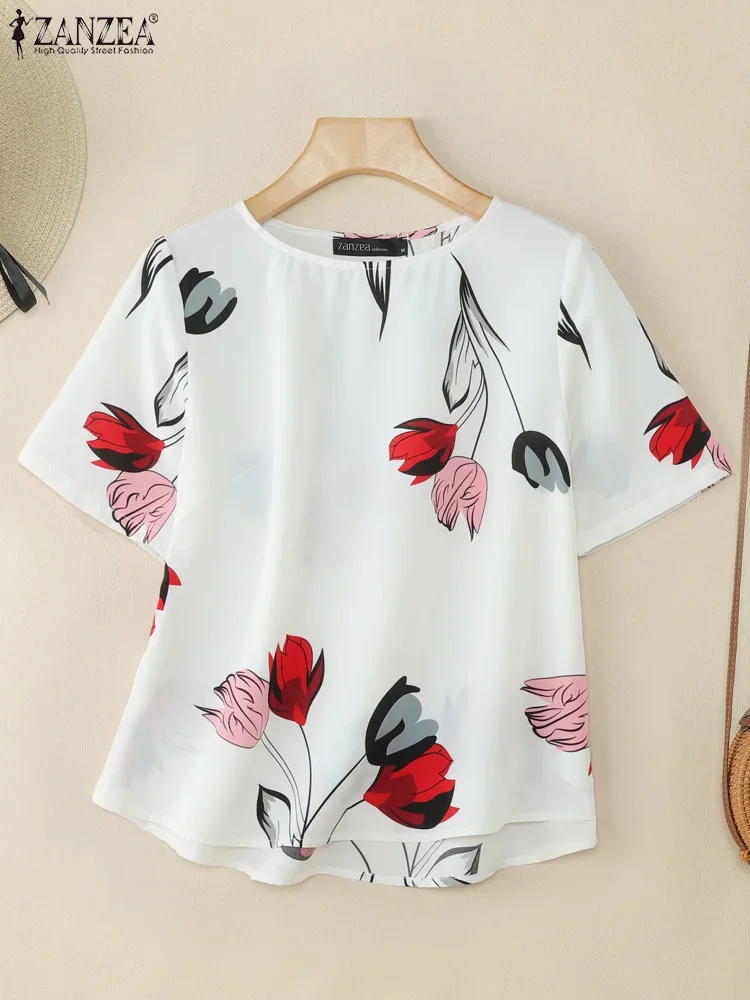 ZANZEA 2025 Blusas estampadas Vintage de verano para mujer, Tops de manga corta, Blusas informales con cuello redondo, Blusas de trabajo, Túnica Boheamin, camisas holgadas para vacaciones
