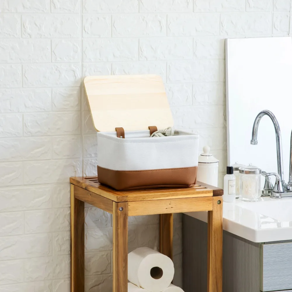 سلة قماش، غطاء من الصنوبر مع جلد صناعي، منظم سلة 10.75 بوصة عرض × 8 بوصة طول × 6 بوصة ارتفاع