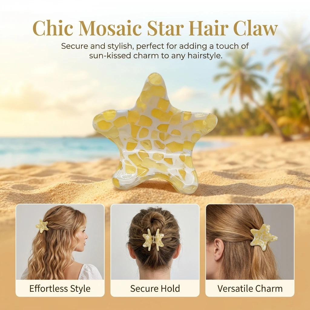Summer Hair Claw Clips Five-Pointed Star Clip Sparkly Acrylic Shark Clip Cute Casual Hair Accessories for Women Girls