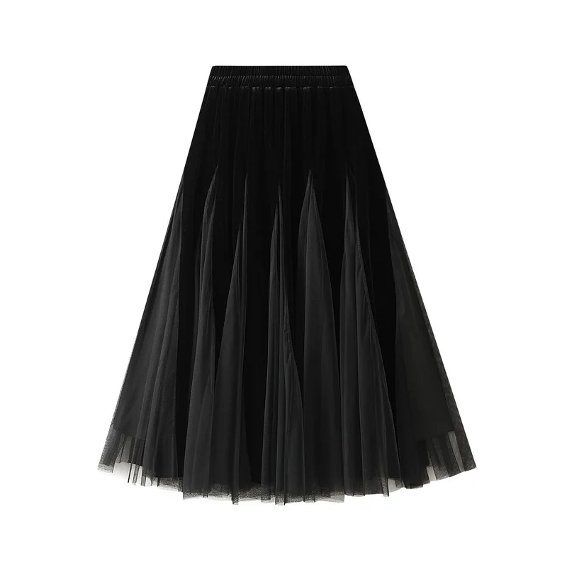 New In Women's Autumn Winter Velvet Splicing Mesh High Waist A-Line Pleated Elegant Midi Long Skirts