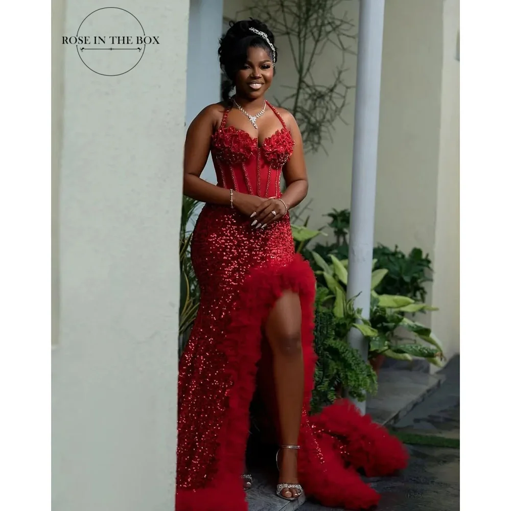 ROSEINTHEBOX Customized Red Prom Dresses Halter Mermaid Evening Dress with Slit for Women Luxury Lace Beaded Party Gowns 2026