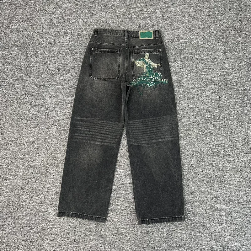 

Джинсы DERSCHUTZE в стиле американского винтажа (Нью-Йорк), с вышивкой, свободного прямого кроя, повседневные, универсальные, для мужчин и женщин