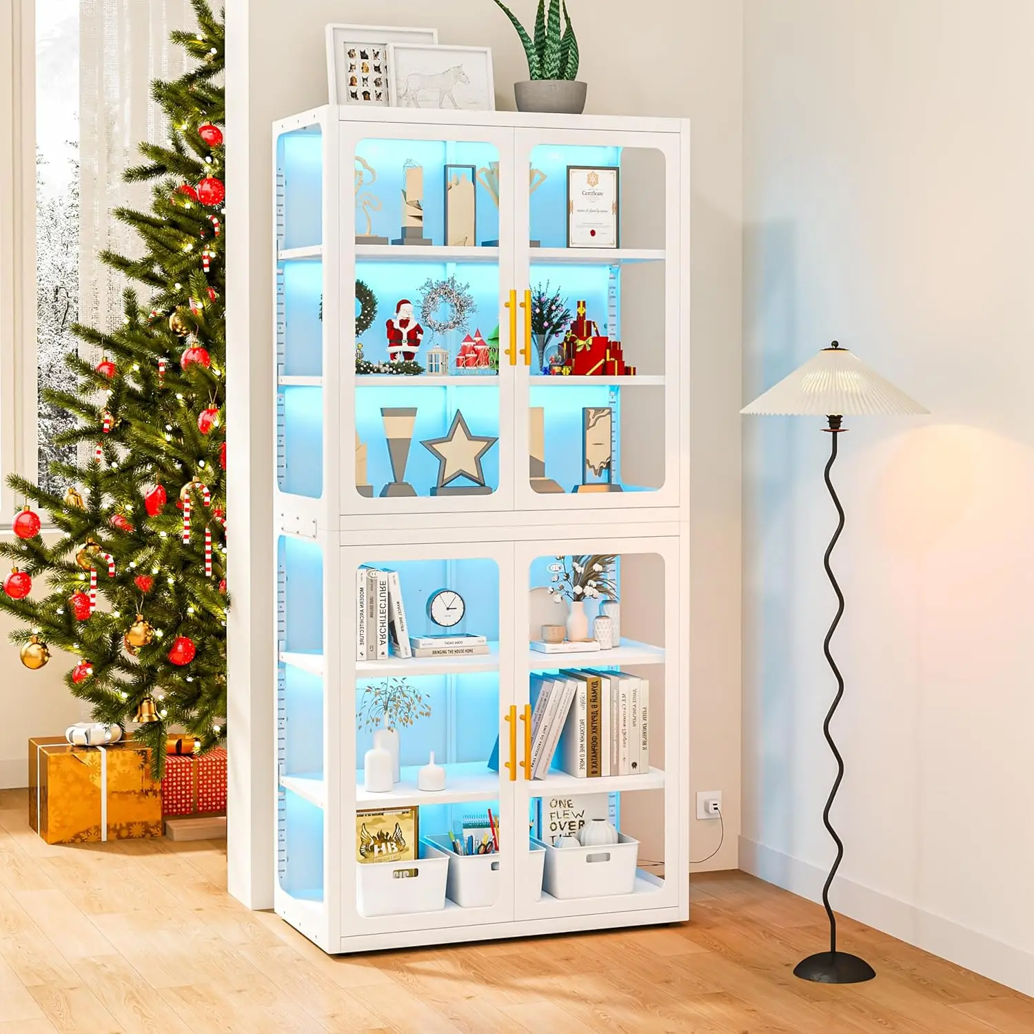 Display Cabinet with Glass Doors, 6-Tier 67" Curio Cabinet with Multi-Color LED Lights and 4 Adjustable Shelves, Glass Displa