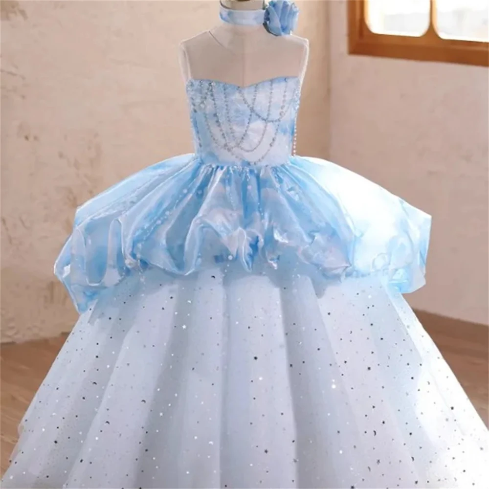 

Customized Flower Girl Dress for Wedding Glitter Floor Length High Waist Sleeveless Elegant Kids Birthday First Communion Gown