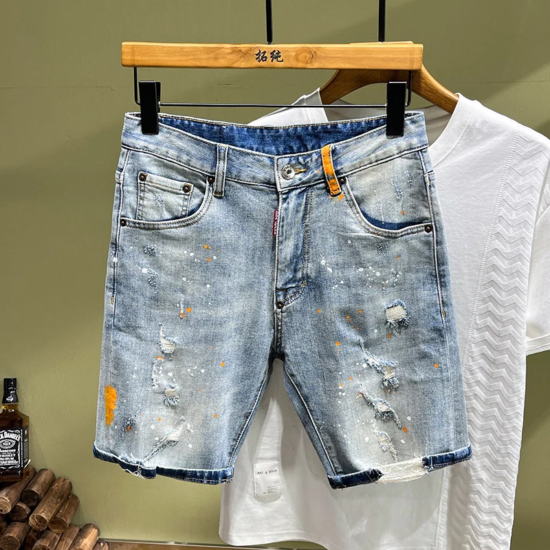 Street Fashion Men Jeans Summer Designer Retro Light Blue Stretch Slim Fit Ripped Short Jeans Painted Hip Hop Denim Shorts Men