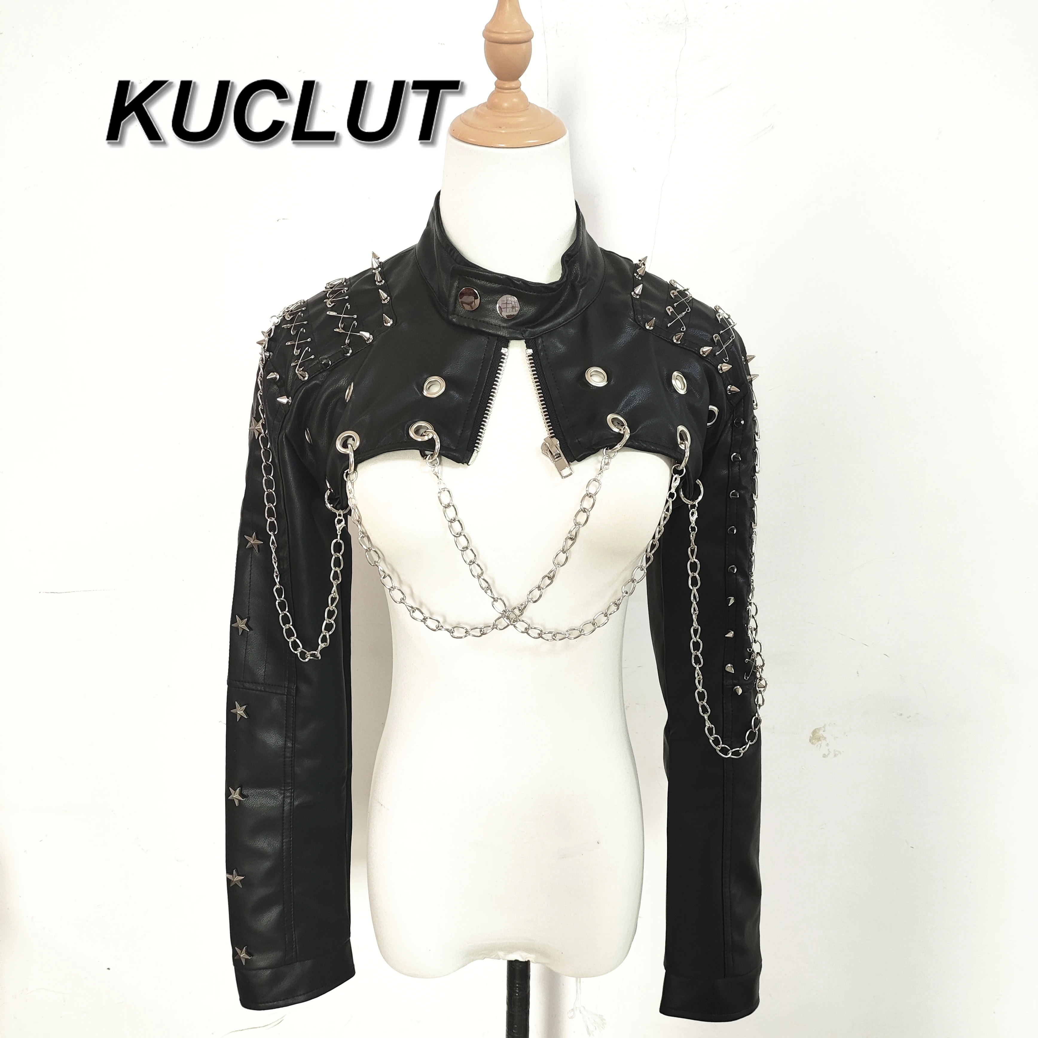 

Goth Punk Style Women's Coats Hottie Rivet Chain PU Leather Personalized Stand-up Collar Long-sleeved Short Jacket Spring Autumn