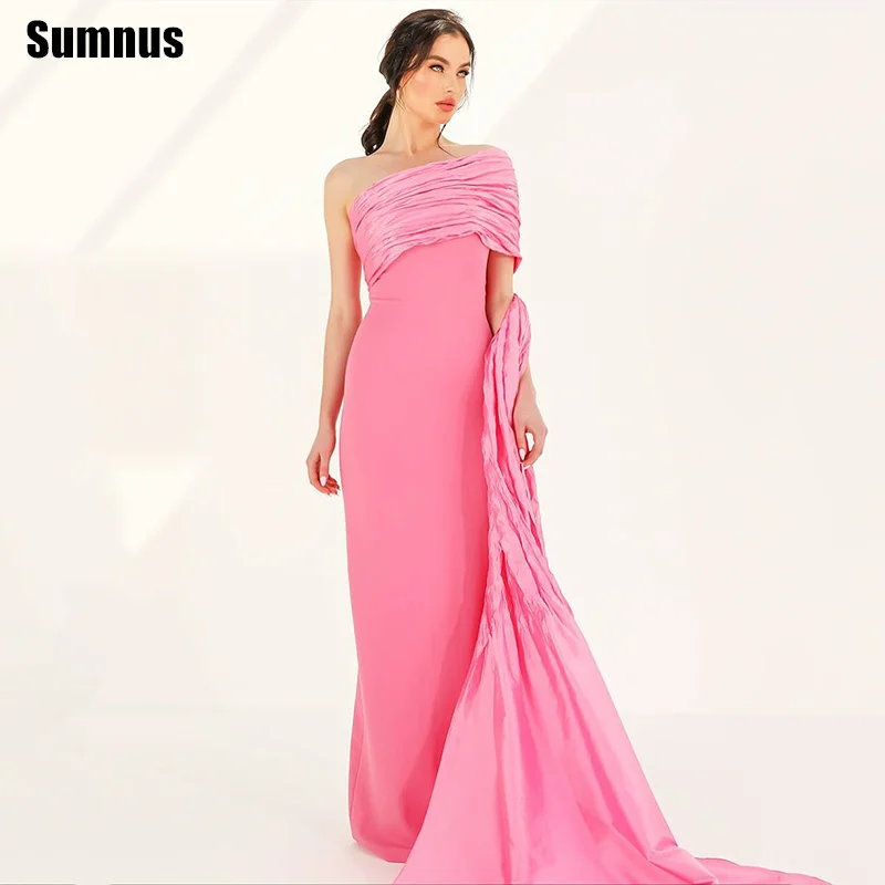 

Sumnus Simple Pink Mermaid Prom Dresses One Shoulder Pleats Formal Dresses With Train فساتين سهرة Customized