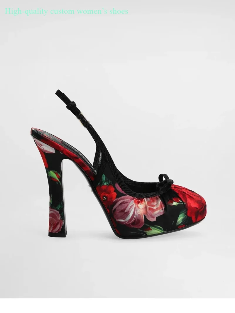 Round Head And Shallow Mouth Red Floral Print Women's Summer Sandals Chunky High Heels Rear Tripwire  Luxury Women's Shoes