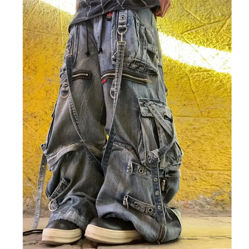 

Y2k Streetwear Jeans Mens Womens Harajuku Retro Multi Pocket Washed Worn Out Jeans Fashionable Hip Hop Oversized Wide Leg Pants