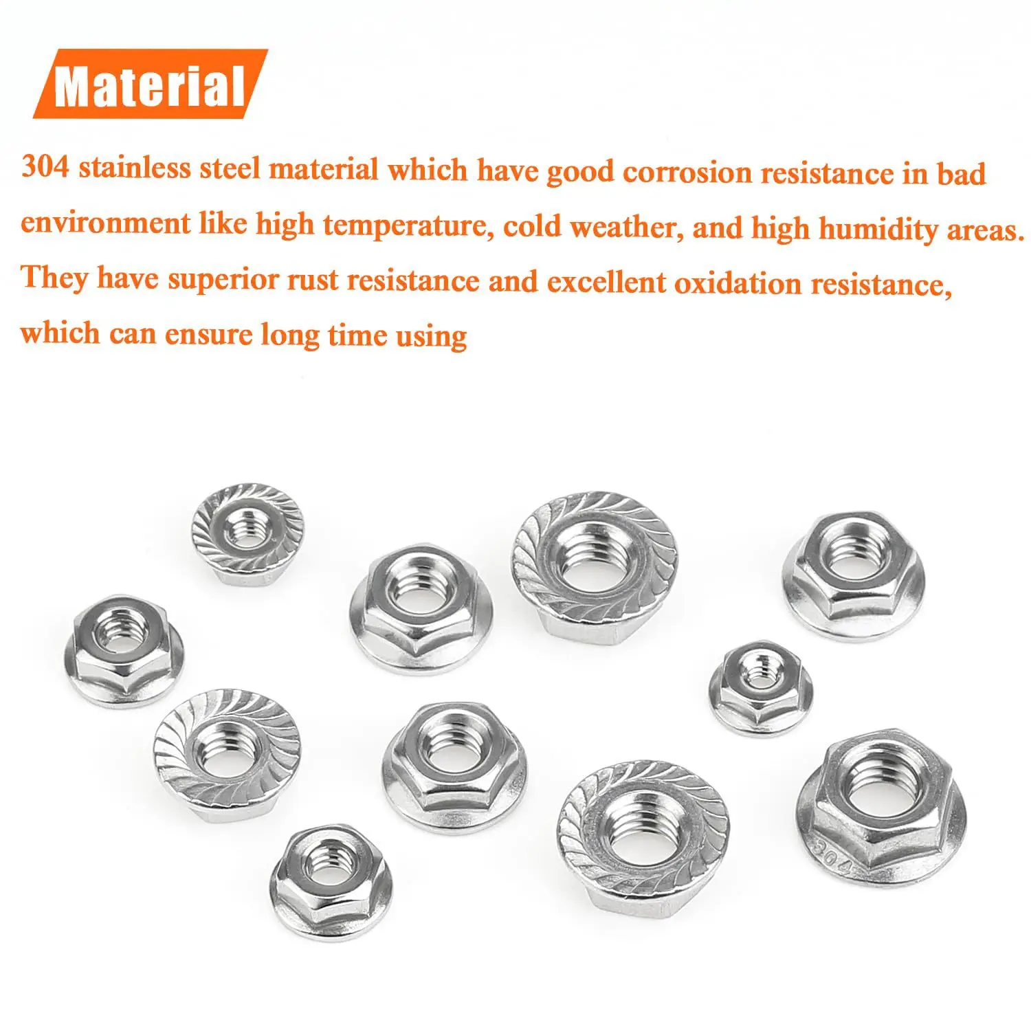104PCS 304 Stainless Steel Hex Flange Serrated Lock Nuts Assorted Sizes Box