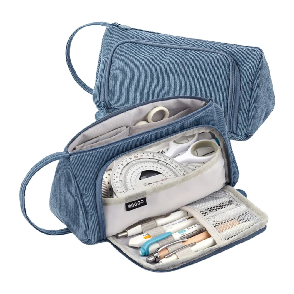 Corduroy Stationary Pen Storage Bag Pen Pencil Bag Zipper School Pencil Case Multi Layer Large Capacity Cosmetic Travel Handbag