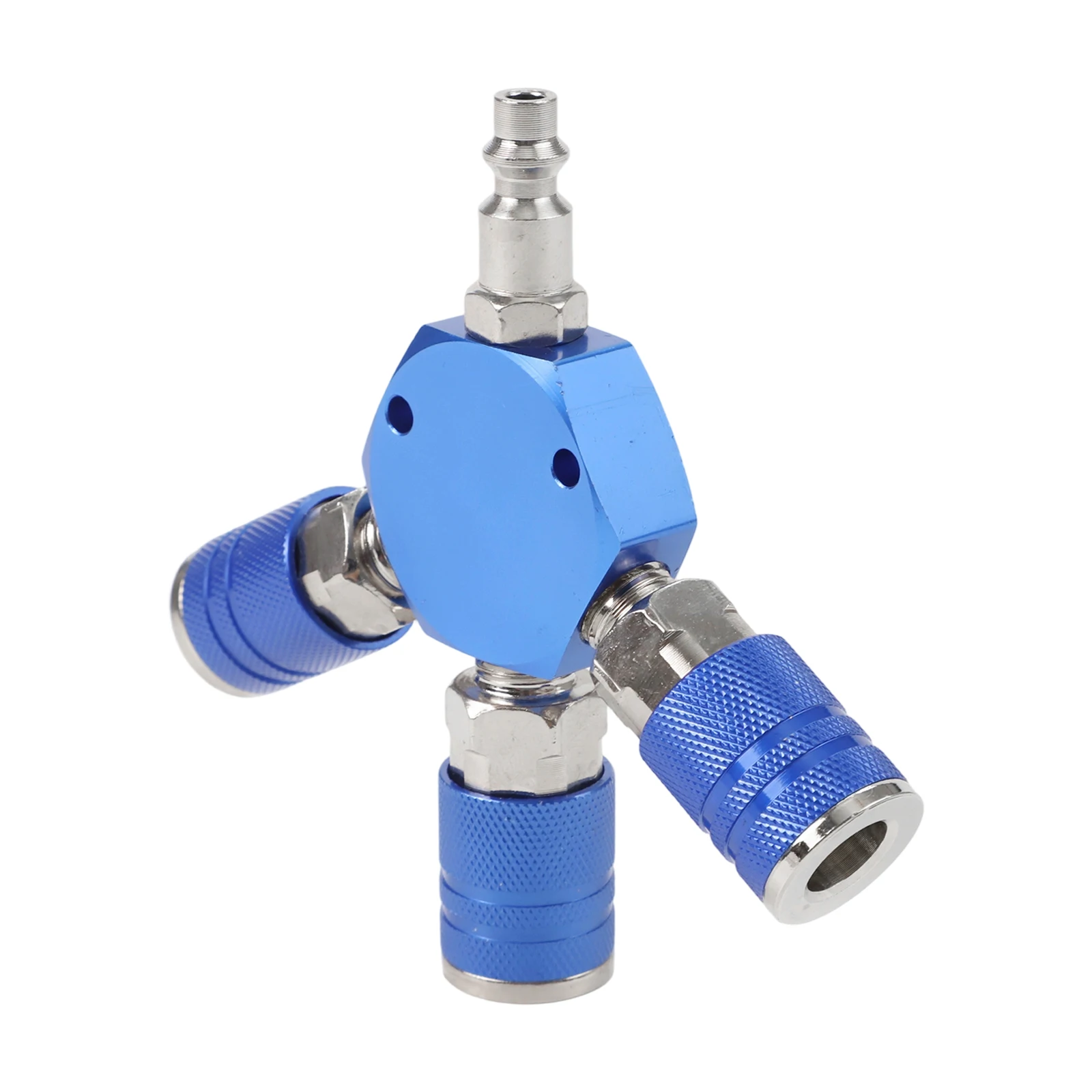 14 Inch NPT 3 Way Air Manifold with Hex Body and 3 Brass Quick Couplers for Pneumatic Line Splitting and Distribution
