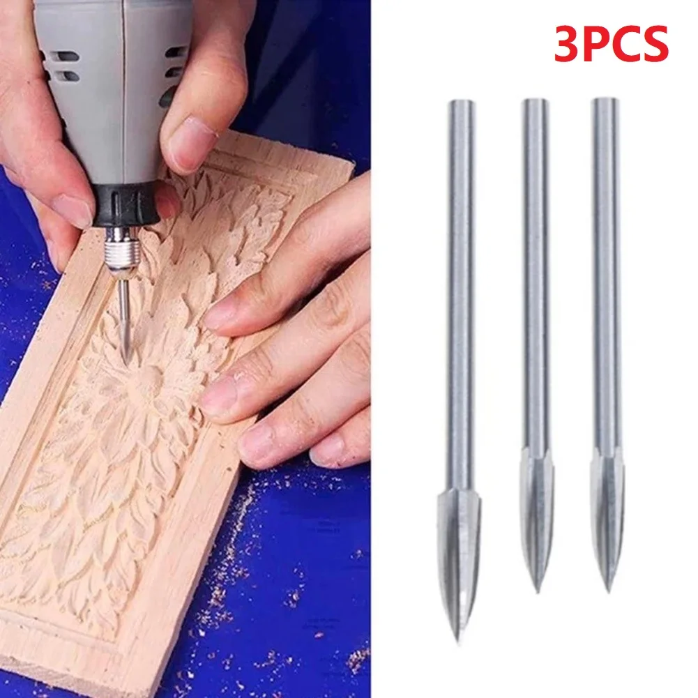 3pcs Wood Carving Drill Bits Set, 3mm Shank Carbide Burrs For Rotary Tools, HSS Engraving Cutters For Woodworking D