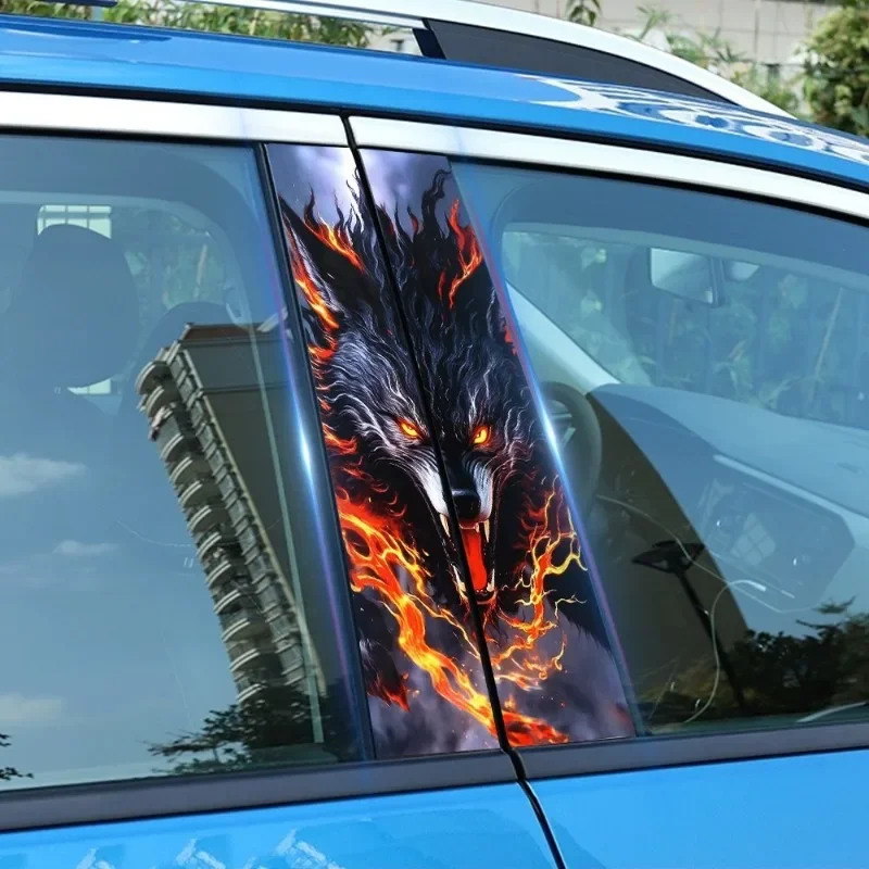 Car Window Center Pillar Sticker Door B-pillar Flame Wolf Tiger Decorative Decal Black Carbon Patterned Waterproof Car Stickers