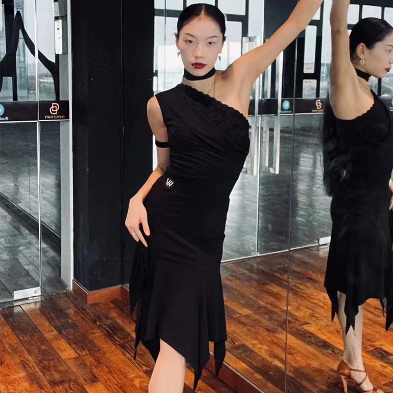 

Summer Latin Dance Clothes Women Slant Shoulder Black Lace Tops Irregular Skirt Rumba Cha Cha Dance Practice Clothing DNV22435