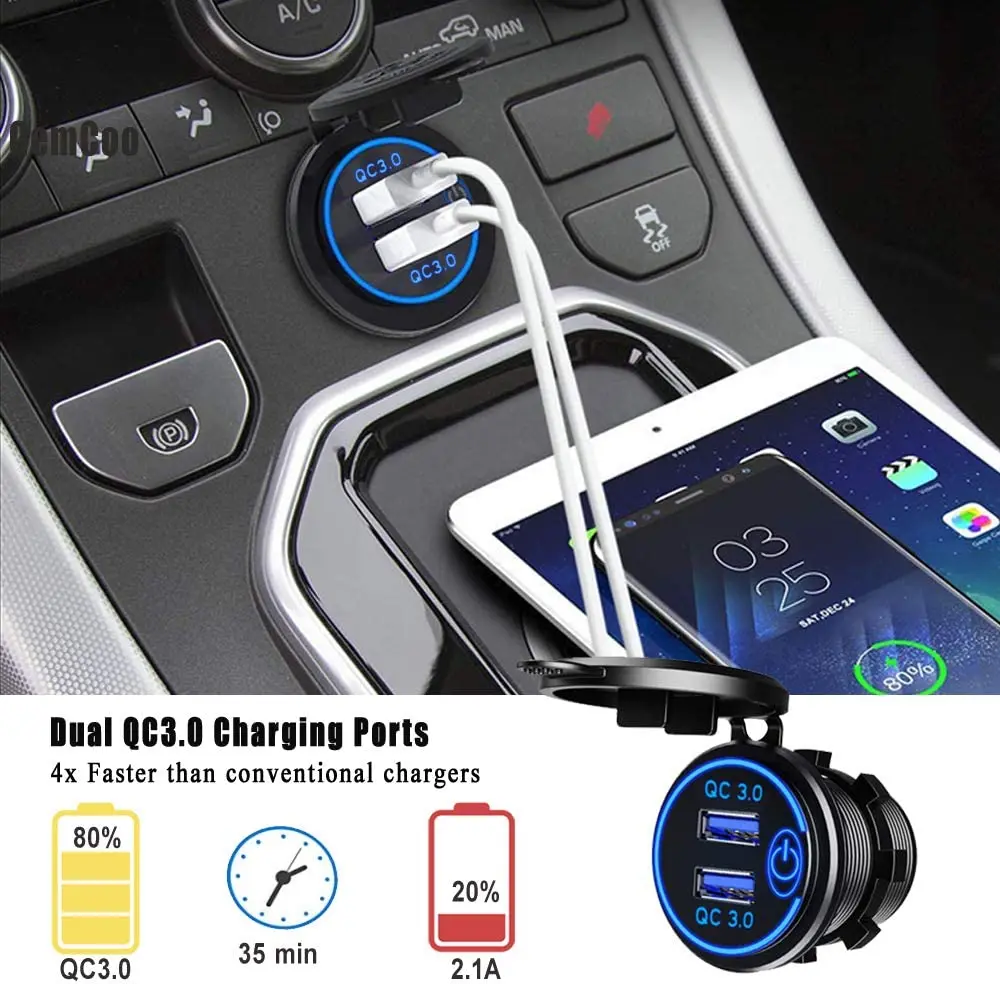 Car Charger Cigarette Lighter With Touch Switch 12V/24V 36W QC 3.0 Dual USB Socket Power Socket