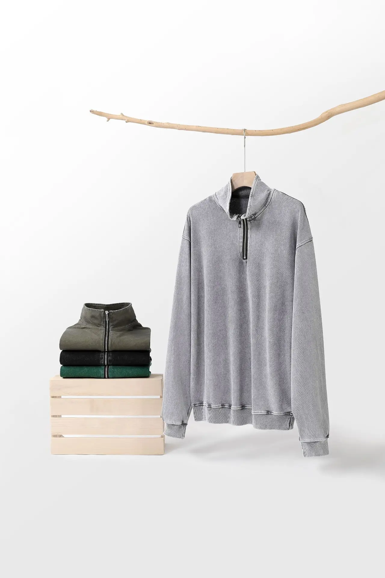 2025 A/W Men's Stand Collar Hoodie - 300GSM Double Washed Cotton Half-Zip Sweatshirt, Vintage Distressed Oversized Streetwear
