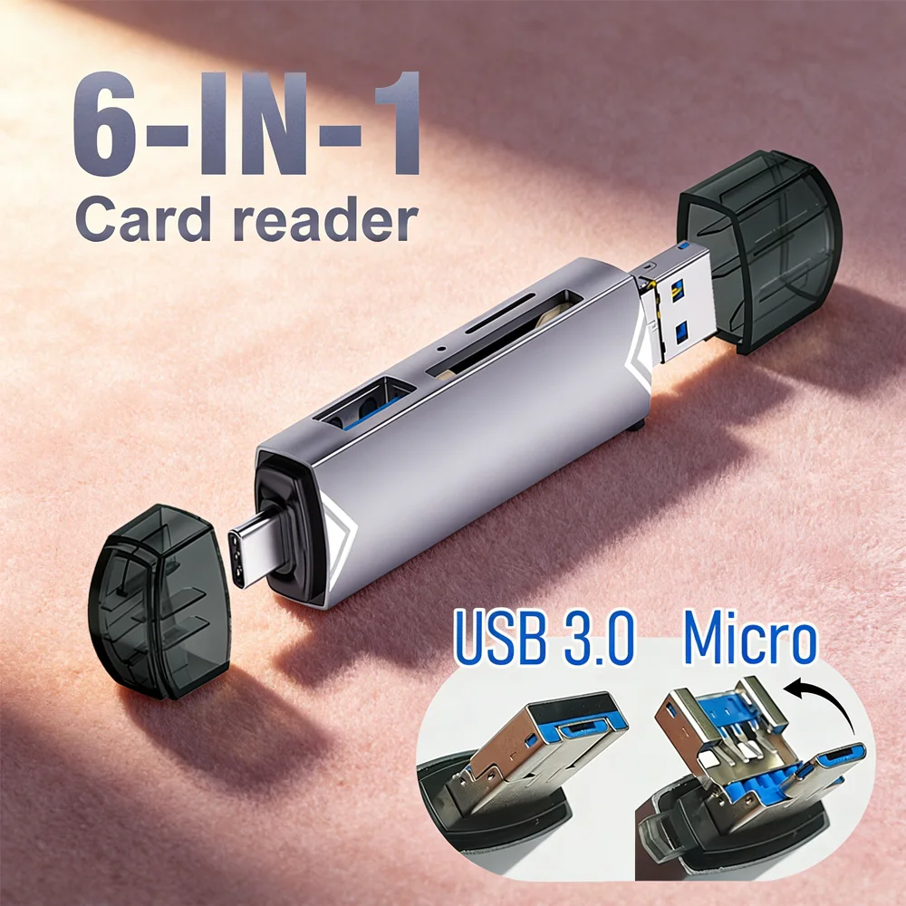 

SD/TF Memory Card Adapter | 6-in-1 OTG Card Reader (USB 3.0) – USB-C Reader for Phone, Laptop, Camera, PS4, Car