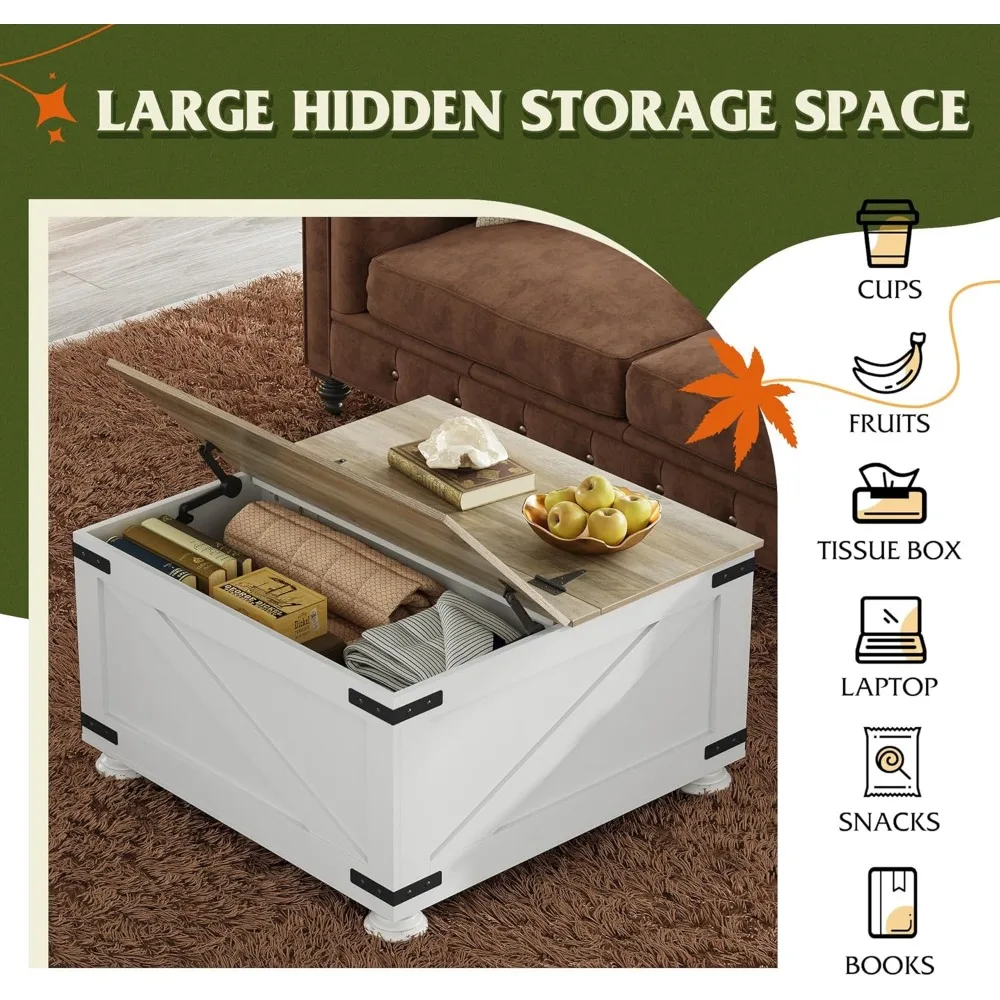 Mesa de centro cuadrada grande con tapas abatibles y almacenamiento oculto para sala de estar, mesa central de madera 31,5