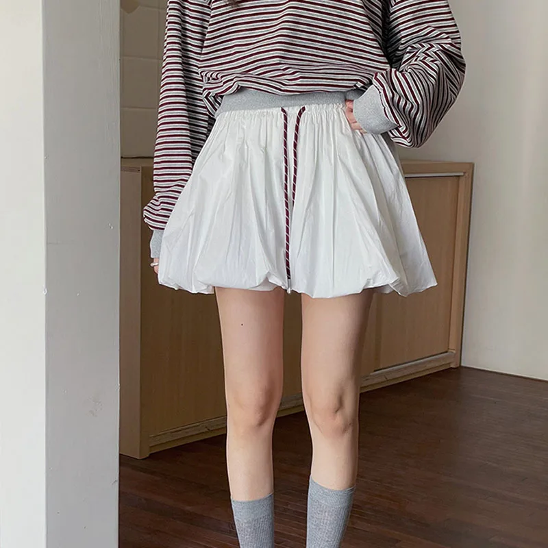 Women Skirts A-line Flower Bud Design Pleated Edge Elastic Waist Solid Color Simple Fresh Daily Comfortable Casual Short Skirt
