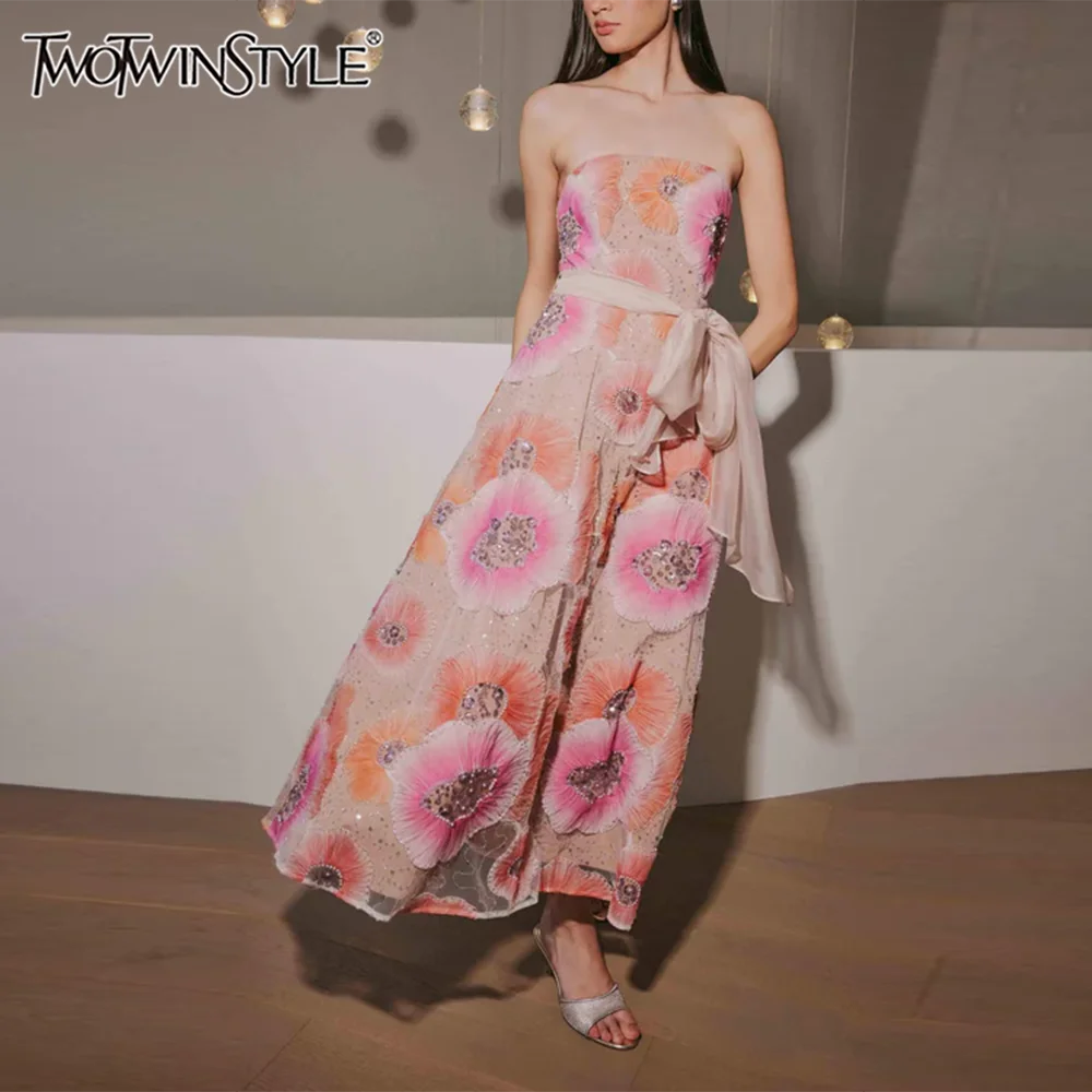 

TWOTWINSTYLE Colorblock Spliced Mesh Flower Elegant Dresses for Women Strapless Sleeveless Patchwork Bead Dress Female Fashion