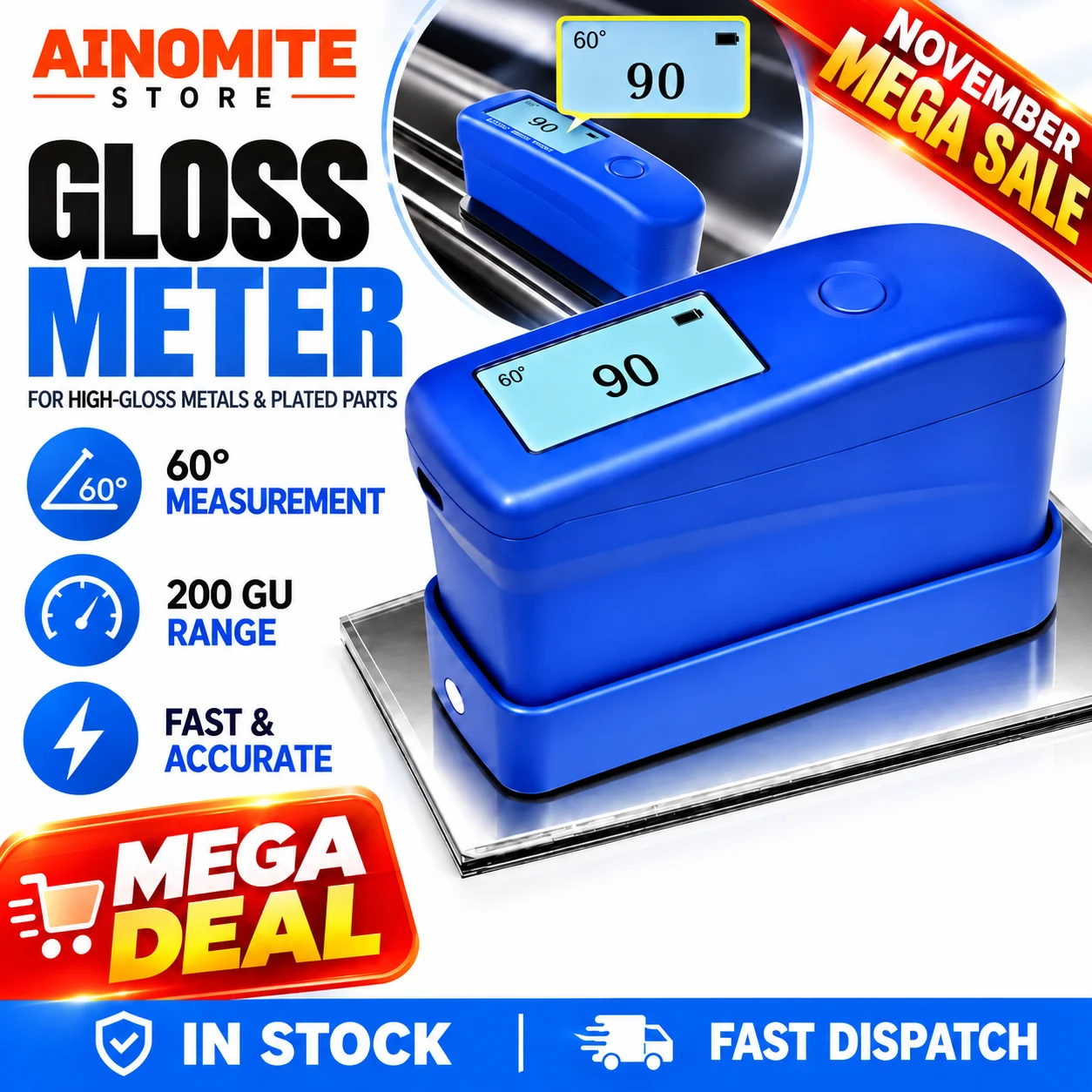 60° Gloss Meter 200GU with Batch Testing, Digital Glossmeter 1GU Resolution ±1GU Repeatability for Paint Coating Metal Plastic