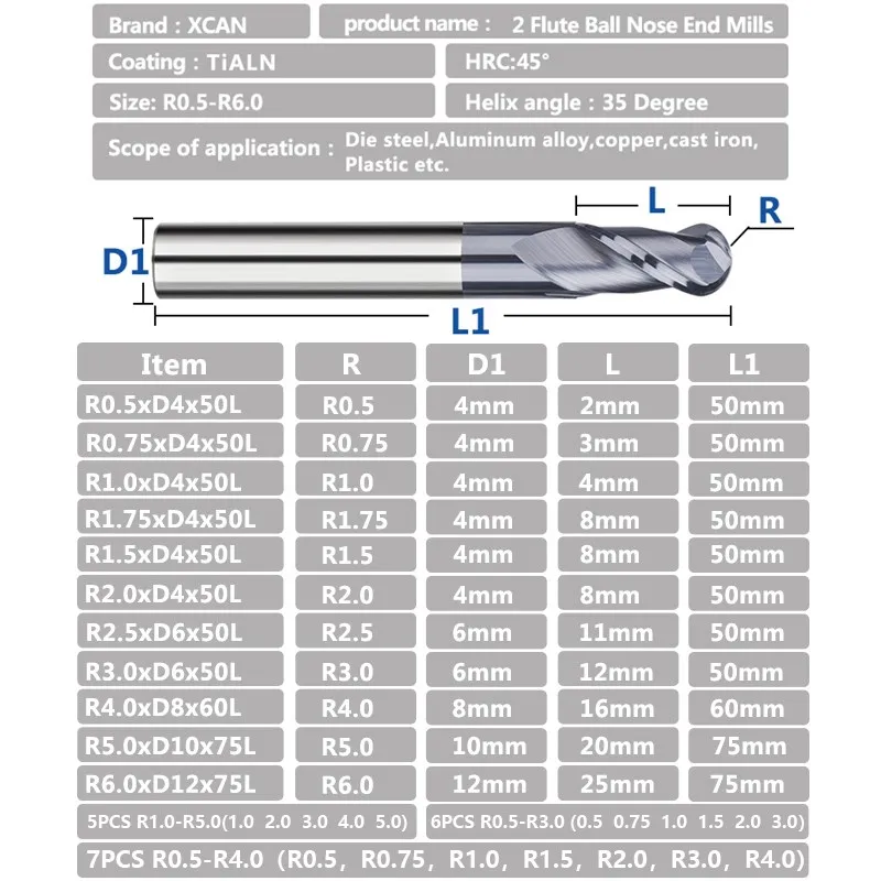 XCAN Milling Bit Ball Nose End Mill 2 Flute R0.5-R6.0 Carbide Milling Cutter HRC 45 CNC Machine Milling Tools Router Bit