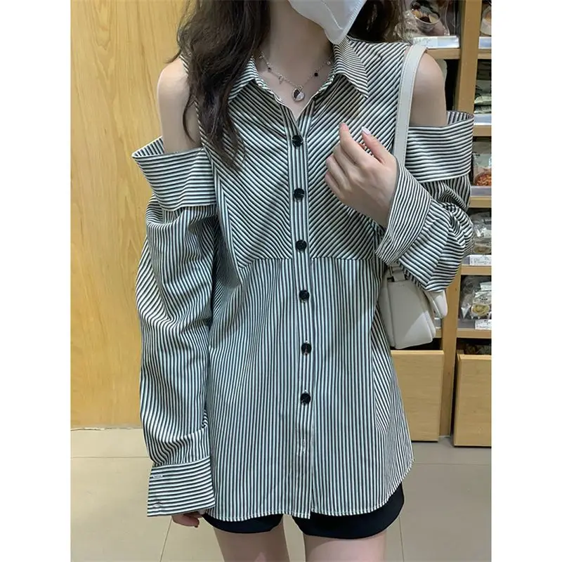 

Дизайнерская рубашка с открытыми плечами и полосатым воротником, солнцезащитная рубашка с длинными рукавами, весна и осень 2025, новый модный шикарный женский топ Tide