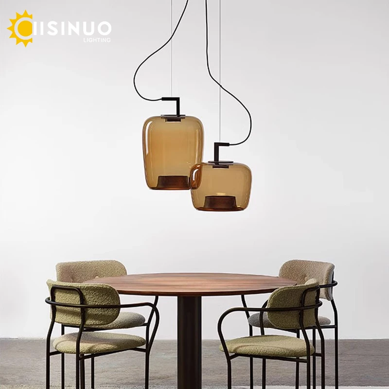 DOUBLE Layer Glass Pendant Lamp Art LED Hanging Light Creative Glass Amber/Gray Color for Living Room Bedroom Bar Restaurat Deco