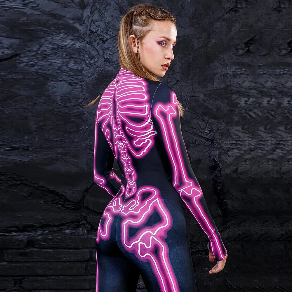 Mono Sexy con estampado 3D de esqueleto para mujer adulta, disfraces de Cosplay para fiesta de Halloween, vestido de fantasía, fiesta de carnaval, Día de los muertos