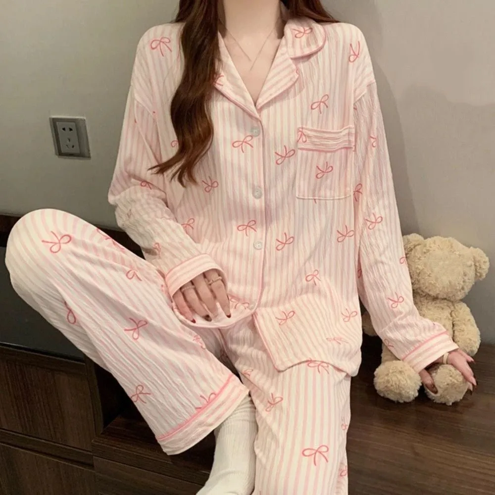 

Elegant Stripe Bow Pajamas Set Casual Loose Long Sleeves Pajamas Home Wear Korean Style Sweet Pajamas Suit Women