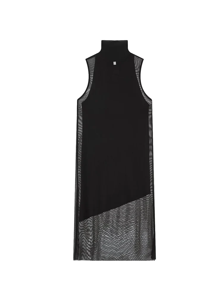 Tfmln novo vestido feminino de duas peças primavera outono gola alta sem mangas na altura do joelho streetwear fashon cor sólida vestido de duas camadas