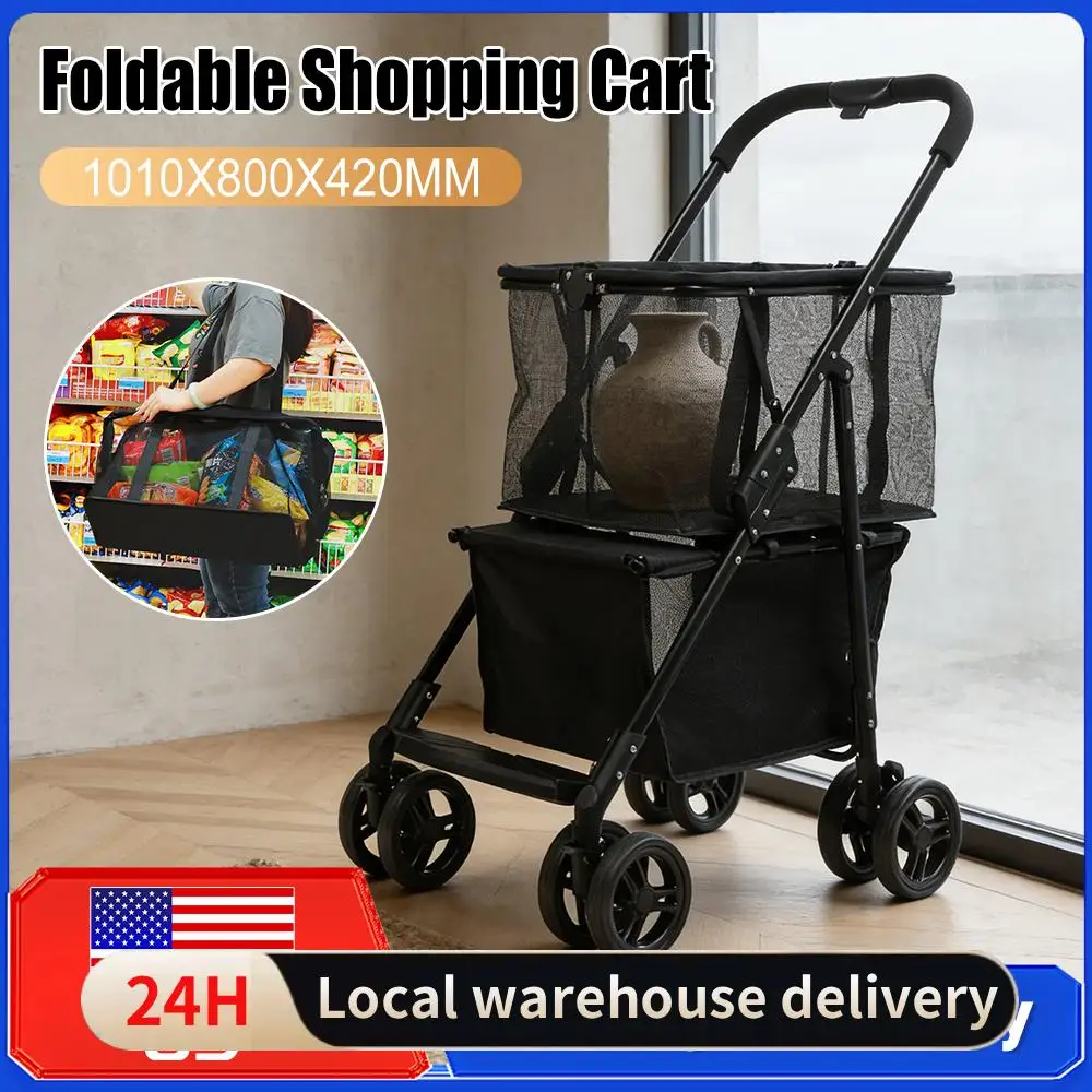 

Foldable Shopping Cart with Wheels Collapsible Grocery Cart Removable Basket Folding Shopping Cart for Laundry Camping Picnic