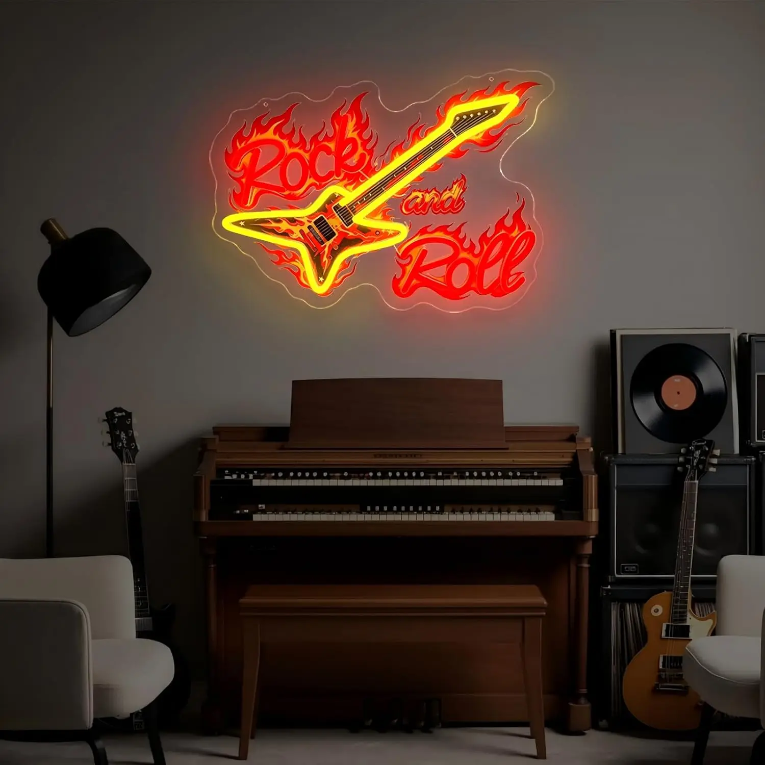 Rock and Roll Flame Guitar LED Neon Sign USB Neon Light Wall Lamp for Bar Music Studio Gaming Room Bedroom Decor Christmas Gift