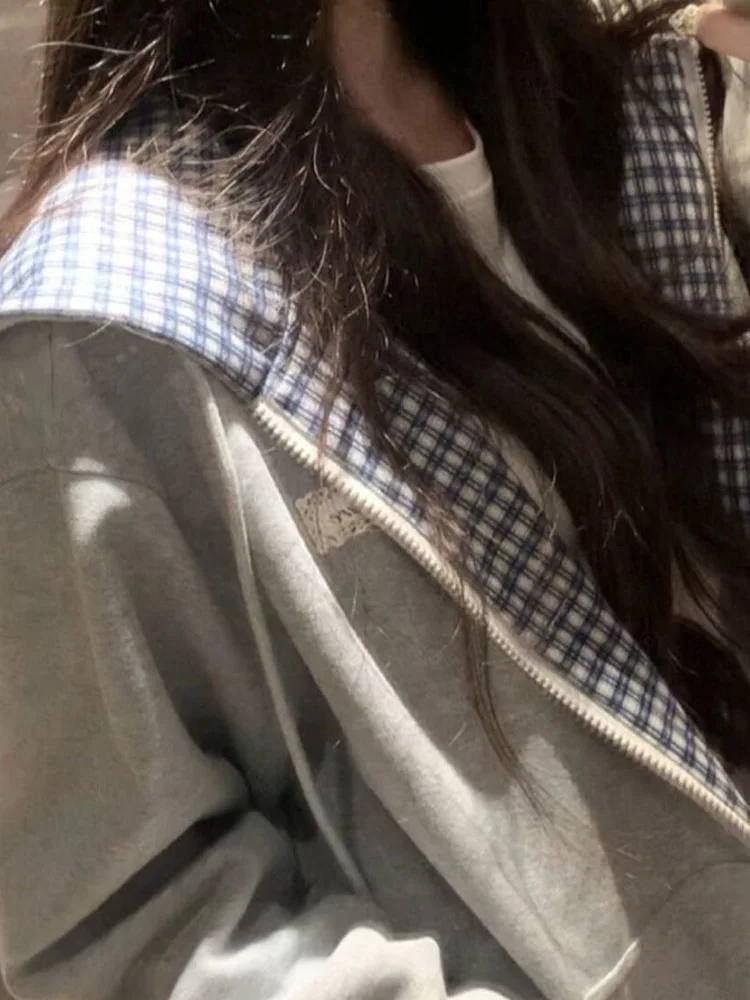 

Retro American Plaid Splice Hoodie Jaet Women Early Autumn Thin Design Sensation Lazy Chic Top Korean Sle Loose Fit