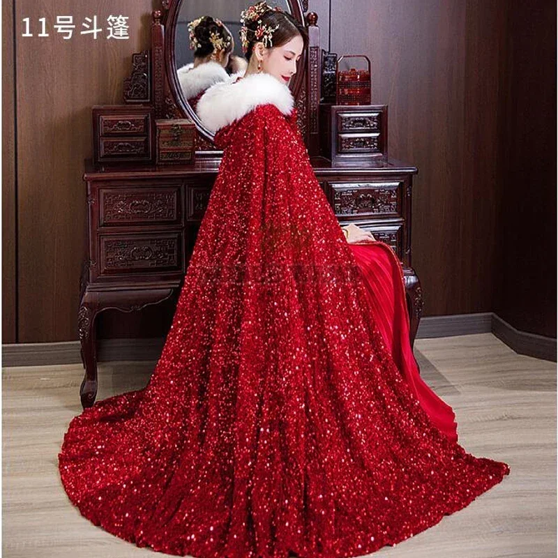 Faux Fur Edge Hood Wedding Coat Winter Bridal Cape Sequined Wedding Cloak Floor Length Christmas Wedding Shawl Customized