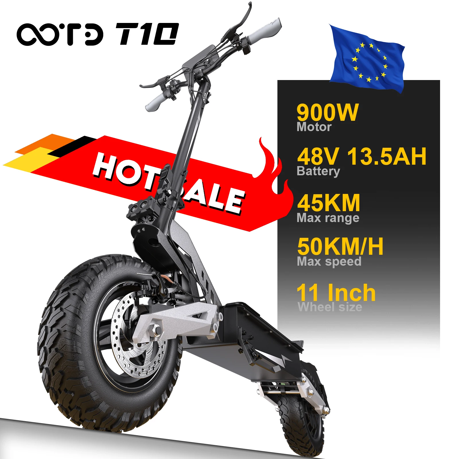 Skuter elektryczny 11-calowy z oponami terenowymi, moc szczytowa 900W, bateria OOTD T10 48V 13.5Ah.