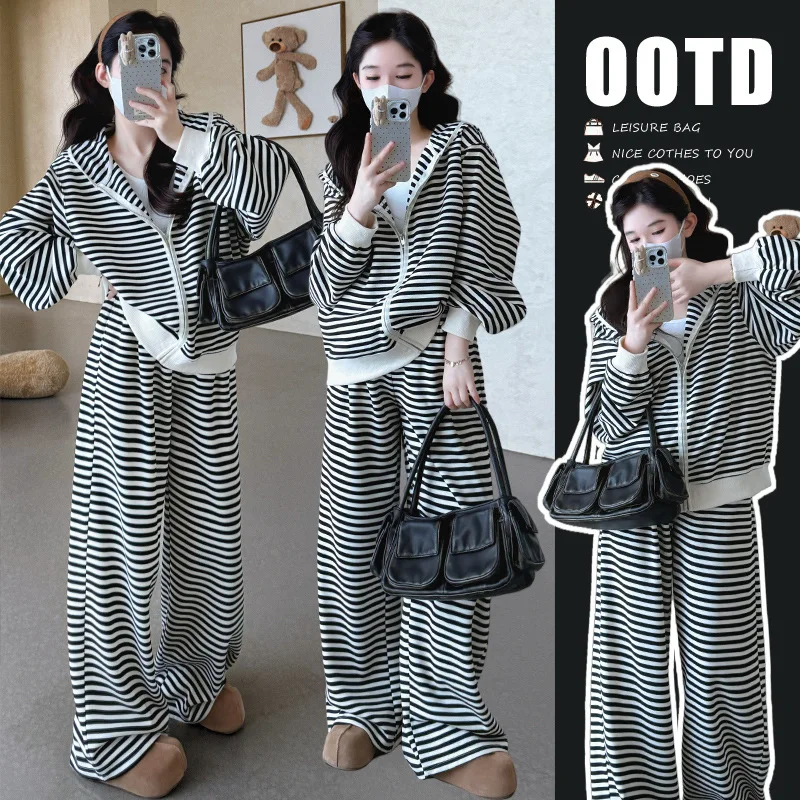 Maternity Suit Spring Autumn 2026 Simple Versatile Soft Comfortable Striped Hoodie Sweatshirt and Wide Leg Pants Two Piece Set