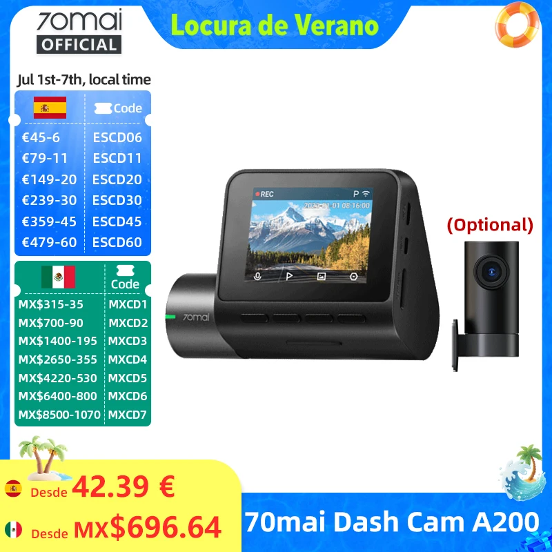 Cámara para Auto 70mai A200 Global, Grabación de Doble Canal, 1080P HDR, Pantalla IPS de 2'', Monitor de Estacionamiento 24H, DVR para Auto, 70mai A200 WIFI APP 130 °   FOV
