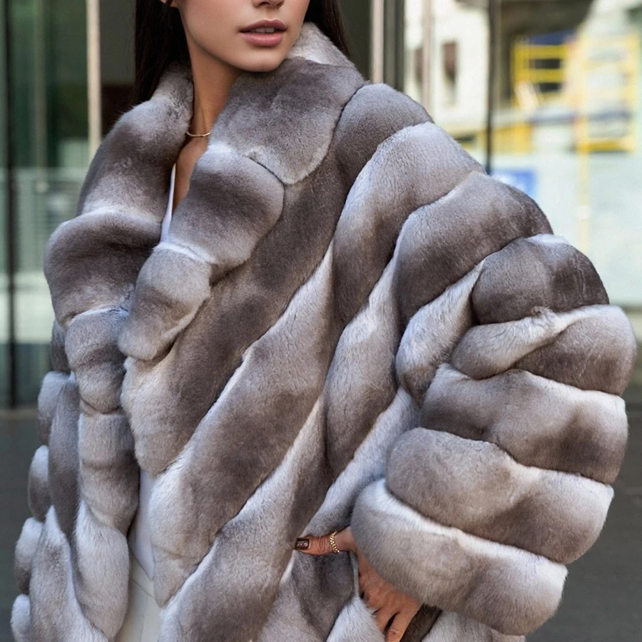 Latest Design Winter Fur Coat Women Jacket Real Rex Rabbit Fur Long Overcoat