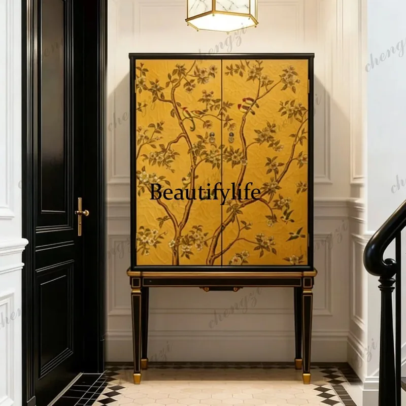 French antique solid wood hand-painted, high-footed chest, new Chinese living room, decorative locker