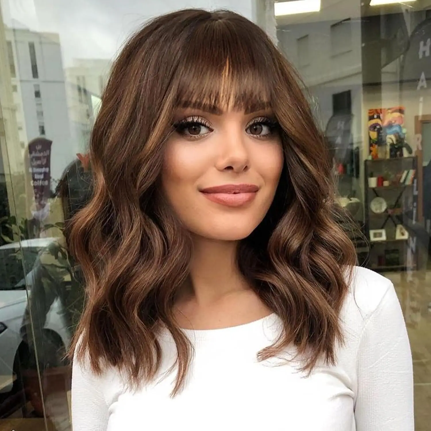 

Short Wavy Wig with Bangs for Women Ombre Brown Highlights Human Hair Wig Shoulder Length Bob Lace Front Wig Natural Looking