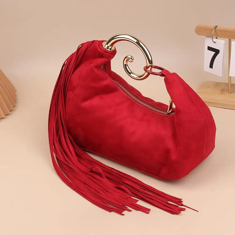 

Vintage Faux Suede Tassel Handbags Fashion Niche Elegant Evening Bags For Women French Luxury Metal Handle Handbag