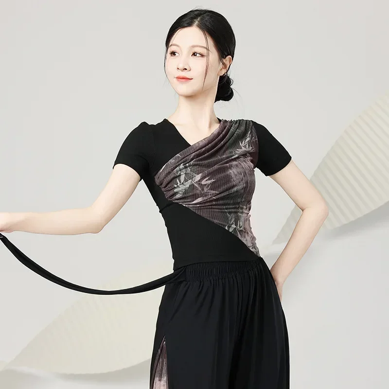 Abiti per la pratica della danza classica cinese, top a maniche corte aderenti per adulti, insegnante di danza moderna, pittura a inchiostro nazionale